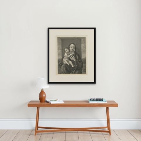 Antique Print of Mary Holding Jesus Christ, C.1880, shown framed on a wall, true to size
