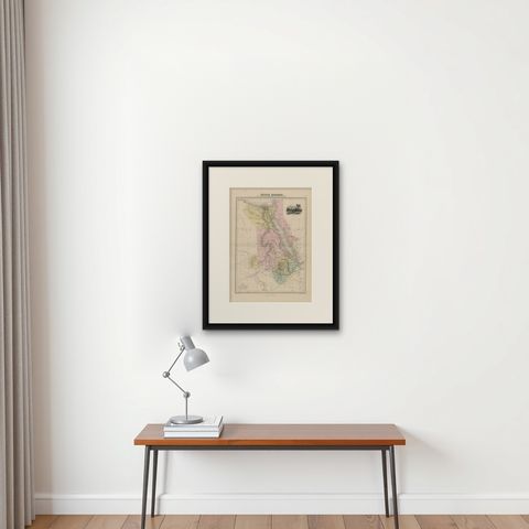 Antique Map of The Nile, Egypt, Nubia and Abyssinia and Inset of Jerusalem, 1880, shown framed on a wall, true to size