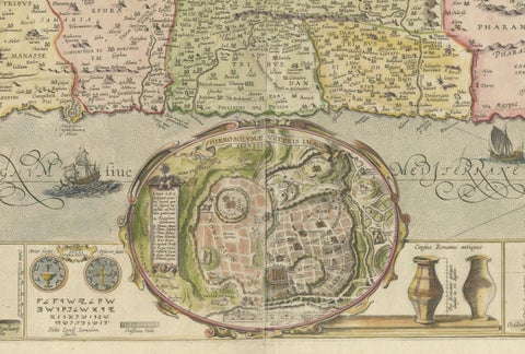 1632 Decorative Map of the Holy Land, Insets of Jerusalem and Biblical Artefacts, close-up 5