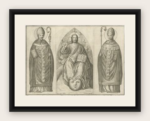 Rare Religious Print of God the Father with S. Actenasius & S.Ianuarius, ca.1750, shown framed