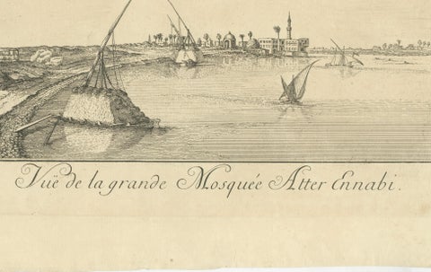 View of the Great Mosque Atter Ennabi, Egypt, Norden Copper Engraving 1755, close-up 5