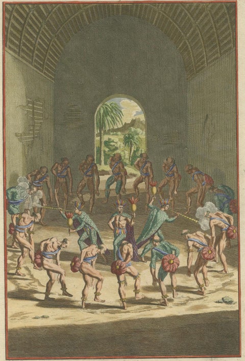 Carib Priests Instilling Courage: A Ritual Dance of the Caribbean, 1722, close-up 3
