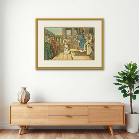 Antique Religion Print of the Presentation of Mary '1913', shown framed on a wall, true to size