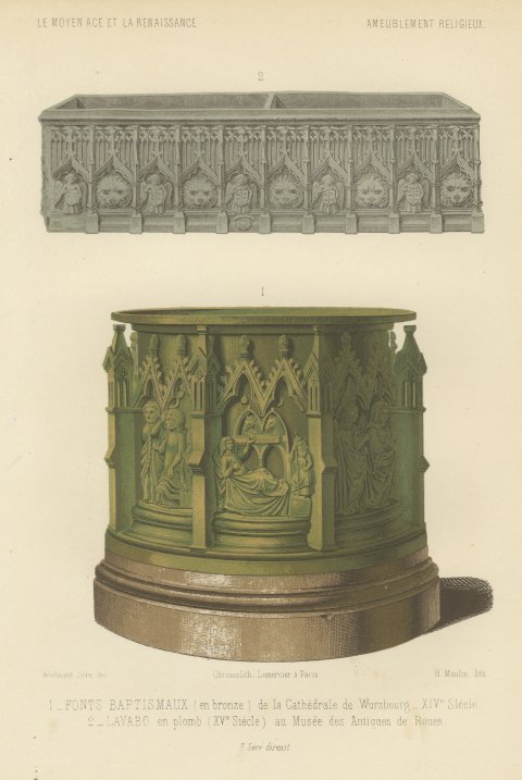 Würzburg Bronze Font and Rouen Lead Lavabo, Antique Print, 1851