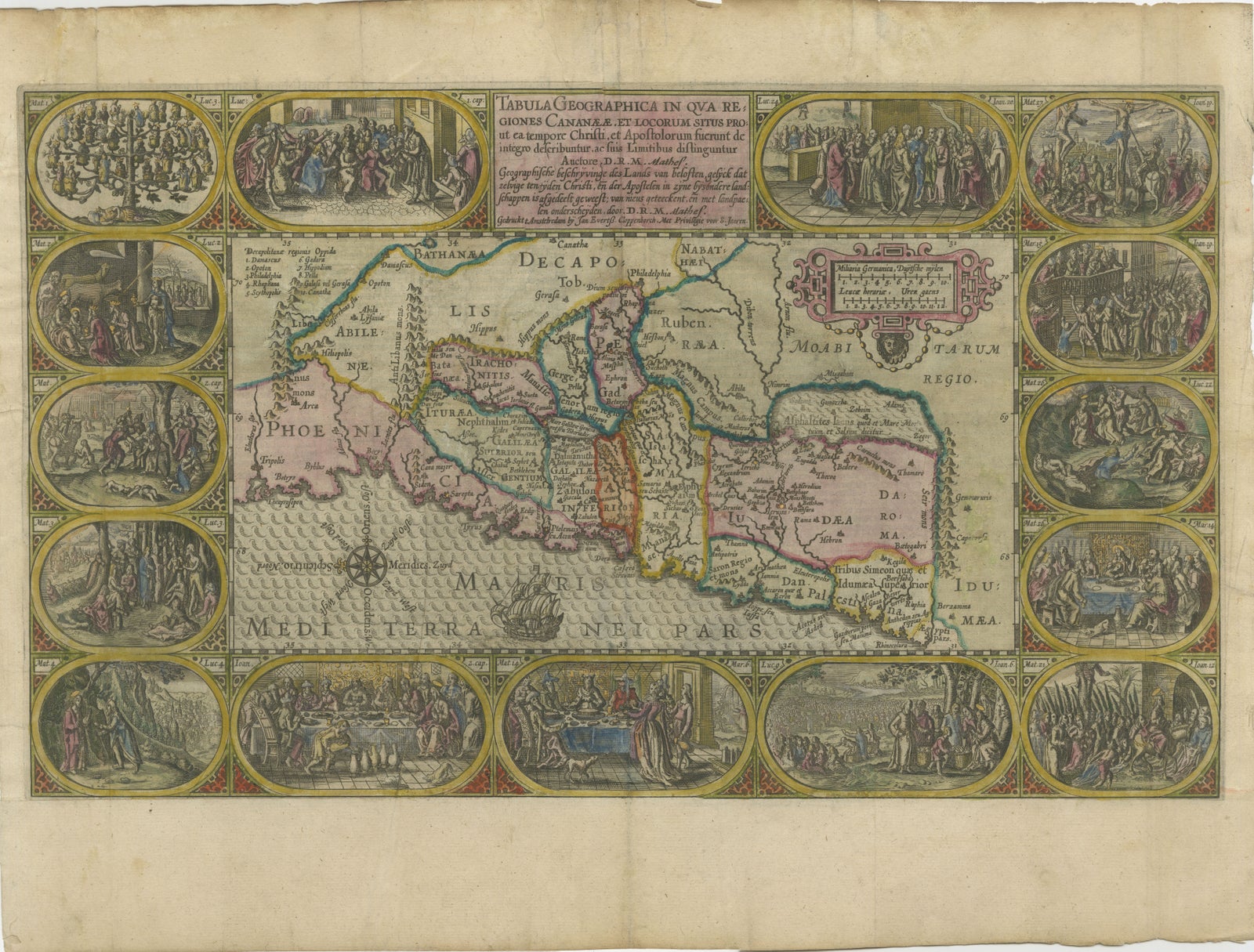 1625 Petrus Plancius / Cloppenburg Map of the Holy Land with Biblical Vignettes