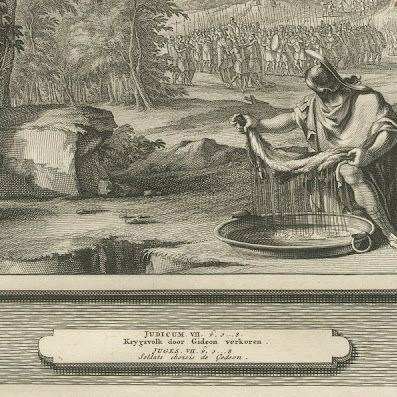 Gideon's Fleece and Gideon Chooses His Soldiers, Mortier Bible circa 1700, close-up 2