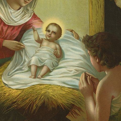 Birth of Jesus, Fine c.1900 German Nativity Chromolithograph (Original), close-up 5