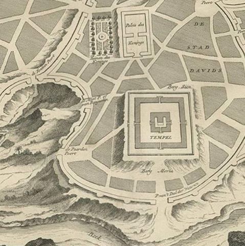Antique Map of the Ancient City of Jerusalem by A. Calmet, 1725, close-up 2