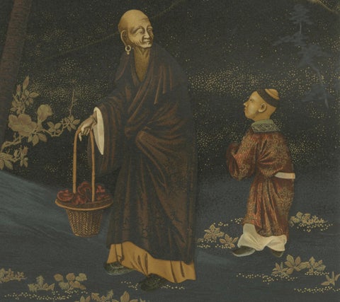 Japanese Monk and Young Attendant: Antique Lithograph, 1880s, close-up 3