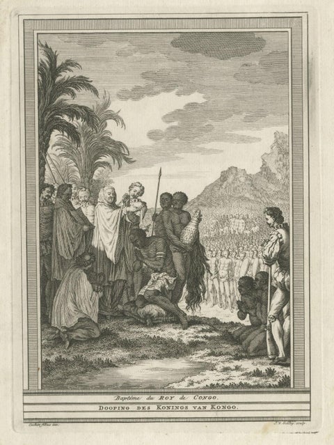 Antique Print of the Baptism of the King of Congo in Africa, 1747, close-up 1
