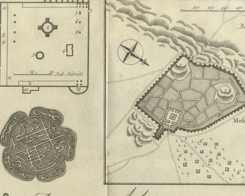 Shrine Buildings, Medallions and Plan of Mesched Ali, Niebuhr Print, 1780, close-up 2