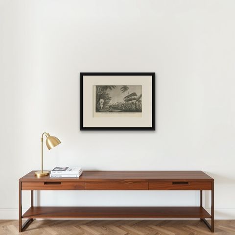 Antique Print of a Funeral Ritual by Cook, 1803, shown framed on a wall, true to size