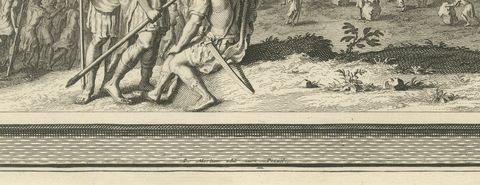Rahab and the Spies and the Crossing of the Jordan, Mortier Bible circa 1700, close-up 1