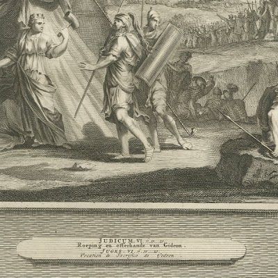 Jael Kills Sisera and the Calling of Gideon, Mortier Bible circa 1700, close-up 2