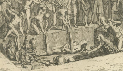 Funeral Rites and Burial of Inca Nobles, 1734 Engraving of Old Peruvian Customa, close-up 2