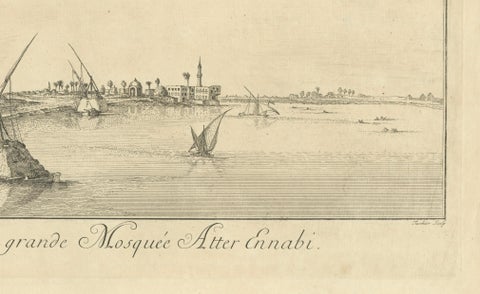 View of the Great Mosque Atter Ennabi, Egypt, Norden Copper Engraving 1755, close-up 4