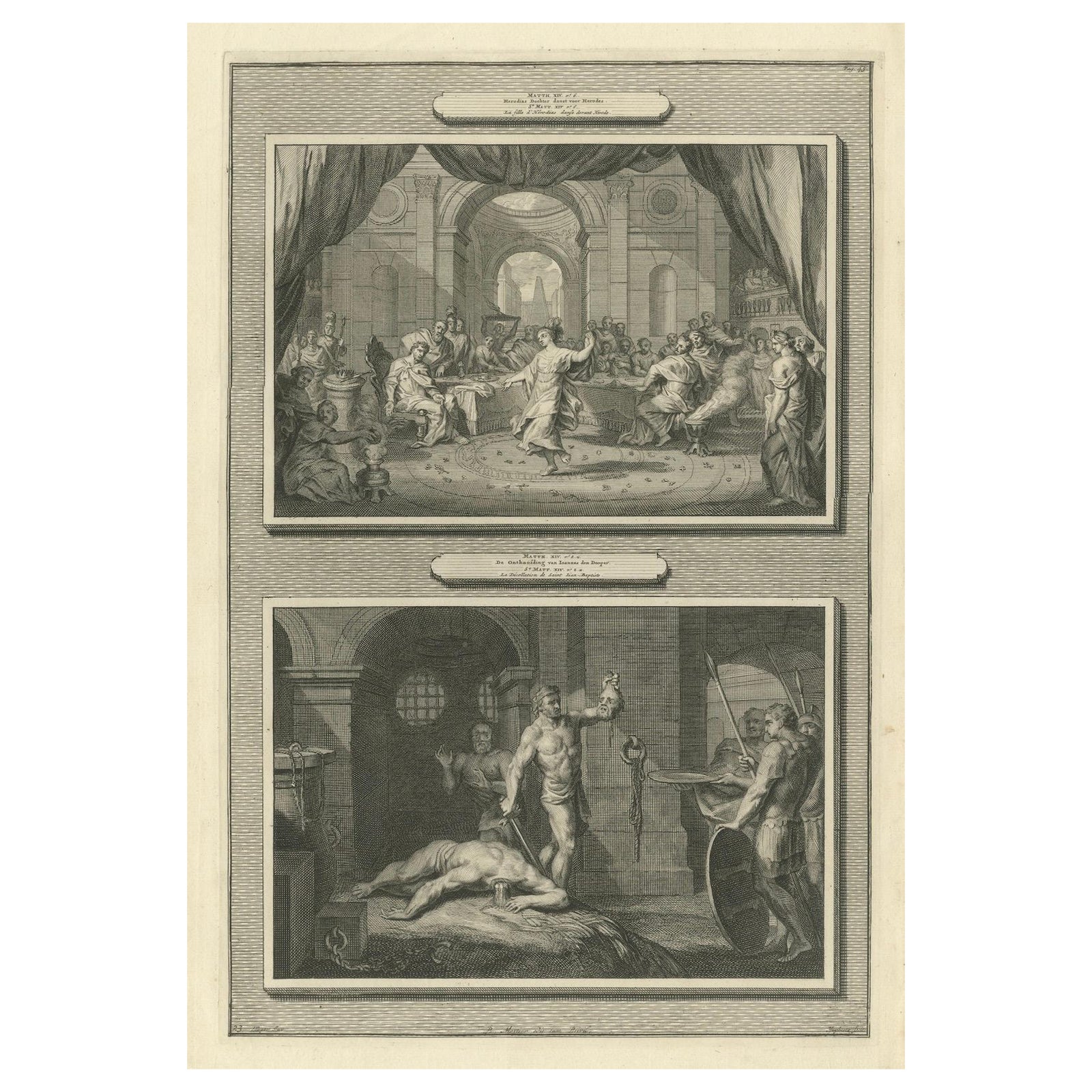 Antique Religious Engravings, Dance of Salome & John the Baptist Beheaded, 1700