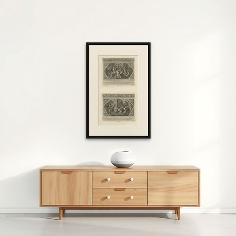 Antique Religion Engraving Illustrating Vatican Frescos Painted by Raphael, 1850, shown framed on a wall, true to size