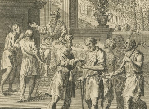 Three Biblical Engravings, Christ’s Entry, Trial & Parable of Labourers, c.1735, close-up 4