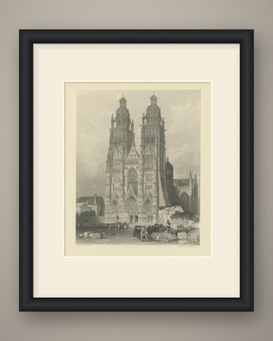 St. Gatien Cathedral, Tours, Antique Steel Engraving after T. Allom, circa 1845, shown framed