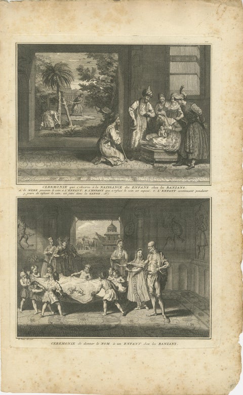 Birth and Naming Rituals of the Banians, Rare 1734 Indian Custom Engraving, view 2