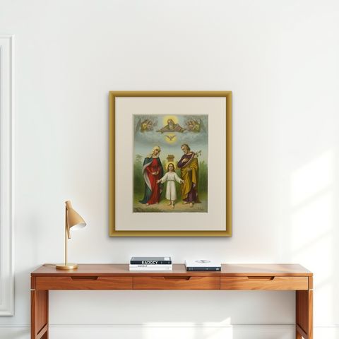 Holy Family with God the Father, Antique German Chromolithograph, 1900, shown framed on a wall, true to size