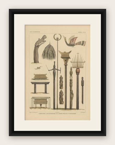 Print with Religious Items from Borneo 'Indonesia' by Temminck, circa 1840, shown framed