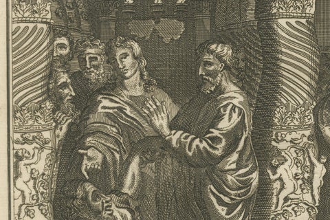 Peter & John Heal the Lame Man, Acts III Engraving c.1735, close-up 6