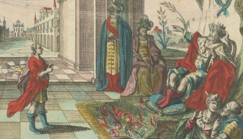 Joseph and Pharaoh, Antique Vue d’Optique by Probst, c.1770, close-up 1