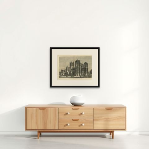 Antique Print of Wells Cathedral from the Illustrated London News, 1879, shown framed on a wall, true to size