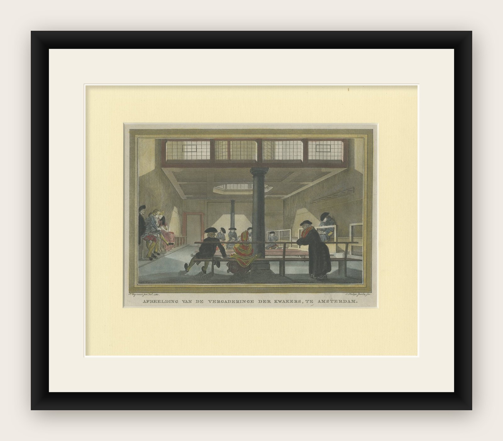 Antique Print of a Group of Quakers Gathering, ca.1790