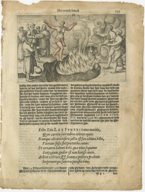 Early Depiction of Sati Ritual, Widow Burning on Pyre, Dutch Engraving c.1601, view 2