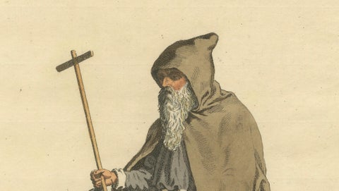Mendicant Religious Costume Engraving, Pilgrim Monk, 1588, Published in 1749, close-up 5