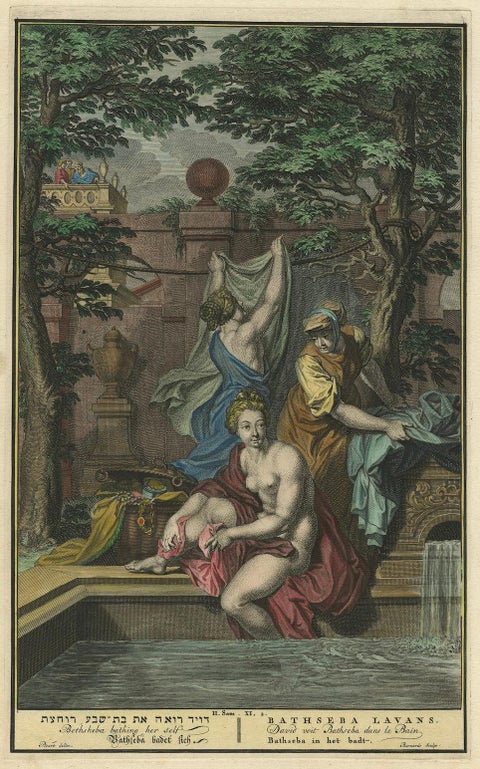 Bathsheba in the Bath, Old Testament Scene, Antique Engraving c.1730, close-up 6