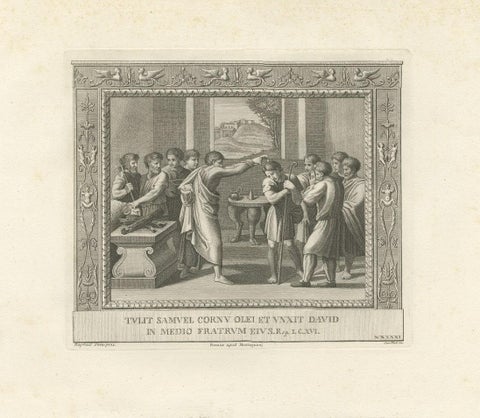 Old Religion Engraving of the Consecration of David and of David and Goliath, close-up 1