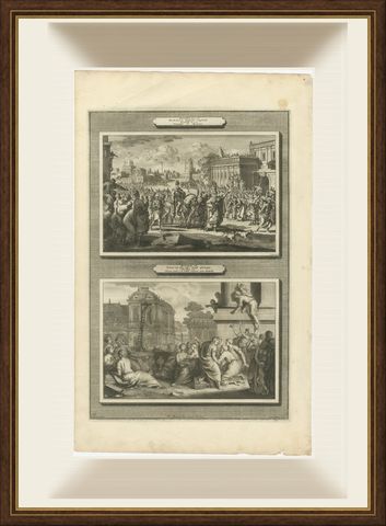 Triumph of Mordecai and Haman Hanged on His Own Gallows, Mortier, circa 1700, shown framed