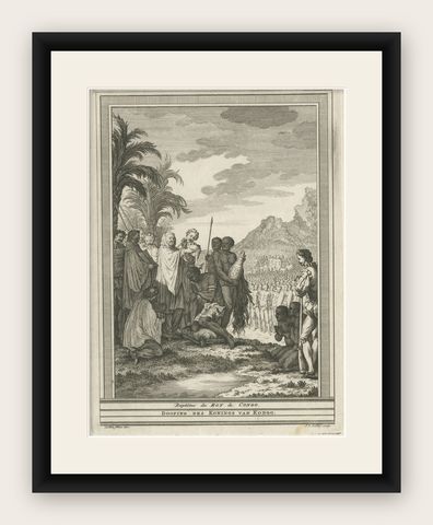 Antique Print of the Baptism of the King of Congo in Africa, 1747, shown framed