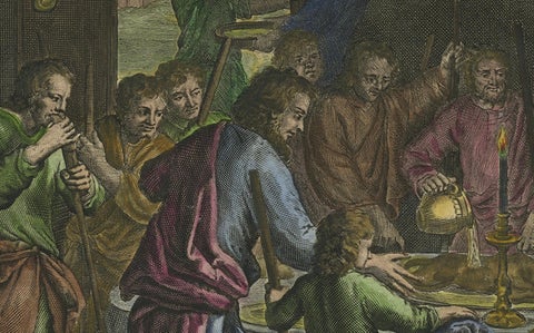 Israelites at the Paschal Meal, Hand-Coloured Bible Engraving, 18th Century, close-up 5