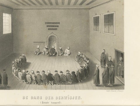 Islamic Ritual Print Dance of the Dervishes Ceremony, 1863 Dutch Lithograph, close-up 3