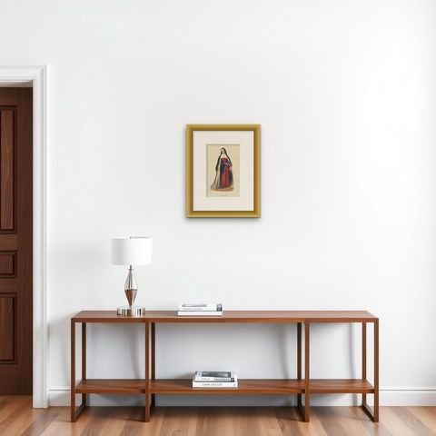 Antique Print of a Nun of Order of Annunciation of the Virgin Mary, 1845, shown framed on a wall, true to size