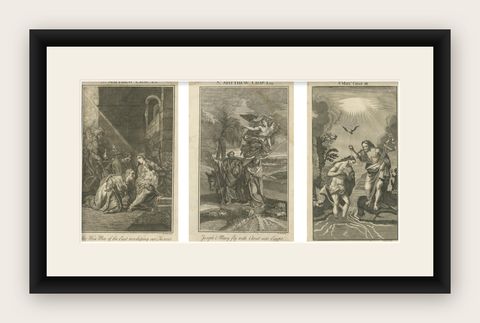 Set of Biblical Engravings, Adoration, Flight to Egypt & Christ’s Baptism, 1735, shown framed