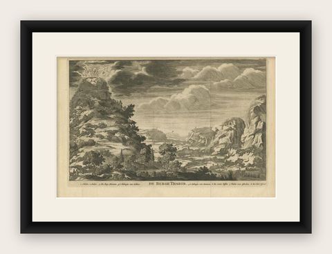 Antique Print of Mount Tabor and the Transfiguration of Christ, Israel, 1717, shown framed