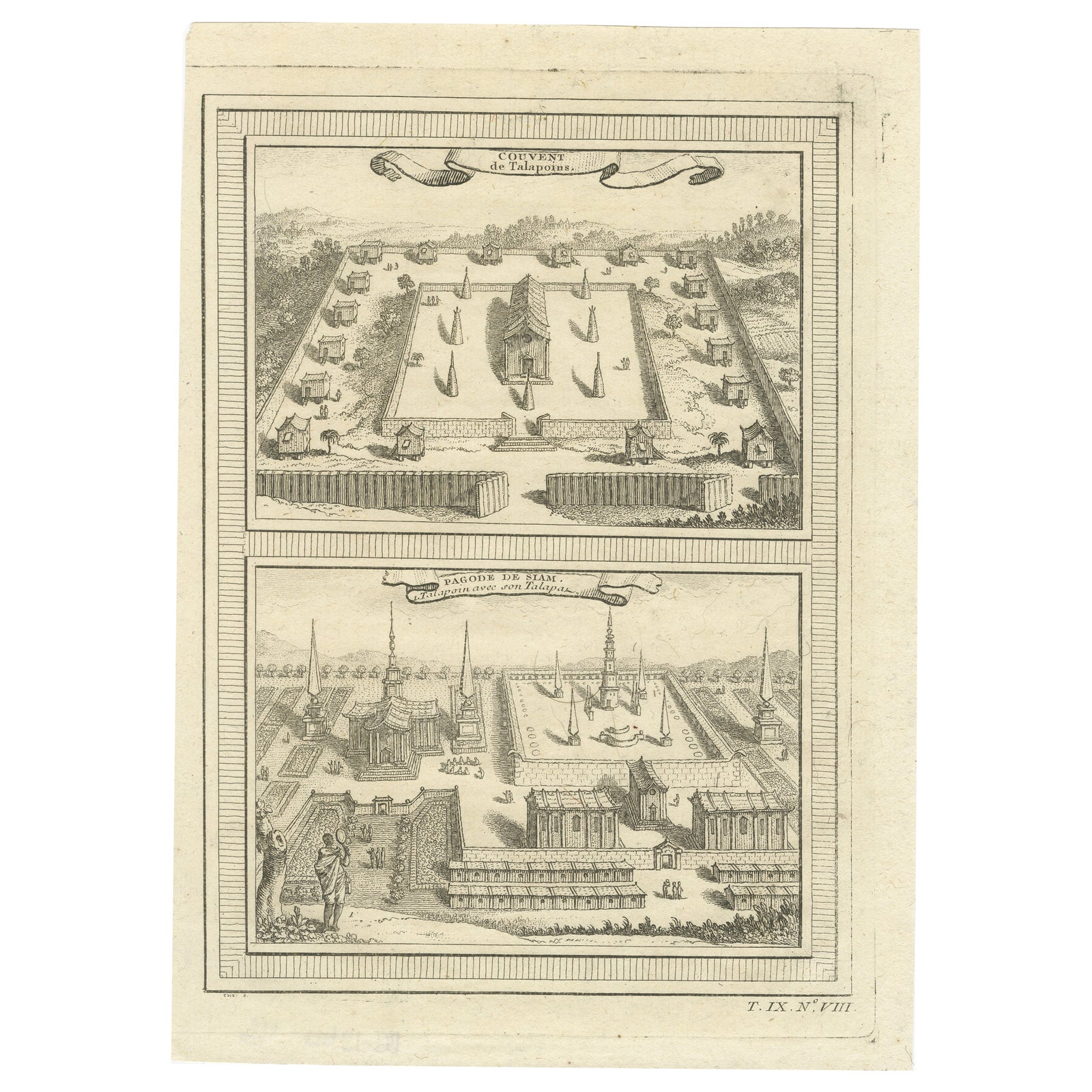 Engraving of Thai Buddhist Temple and Monastery in Ayutthaya, Siam, 1751
