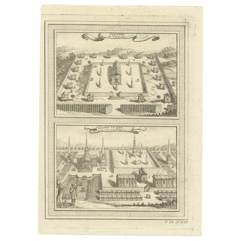 Engraving of Thai Buddhist Temple and Monastery in Ayutthaya, Siam, 1751
