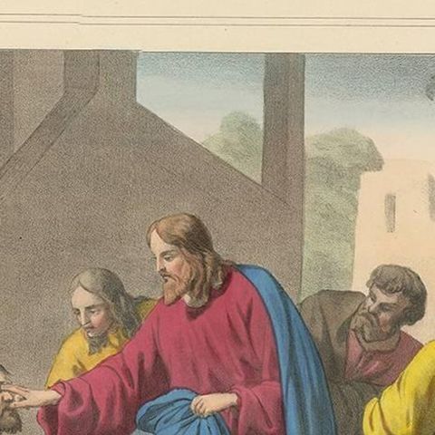 Antique Religious Print 'No. 20' Jesus Heals a Man Born Blind, circa 1840, close-up 1