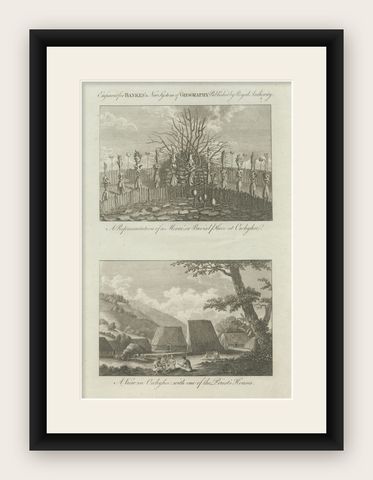 Hawaii Religious Site & Village Engravings, Owhyhee, Cook Voyage, c.1790, shown framed