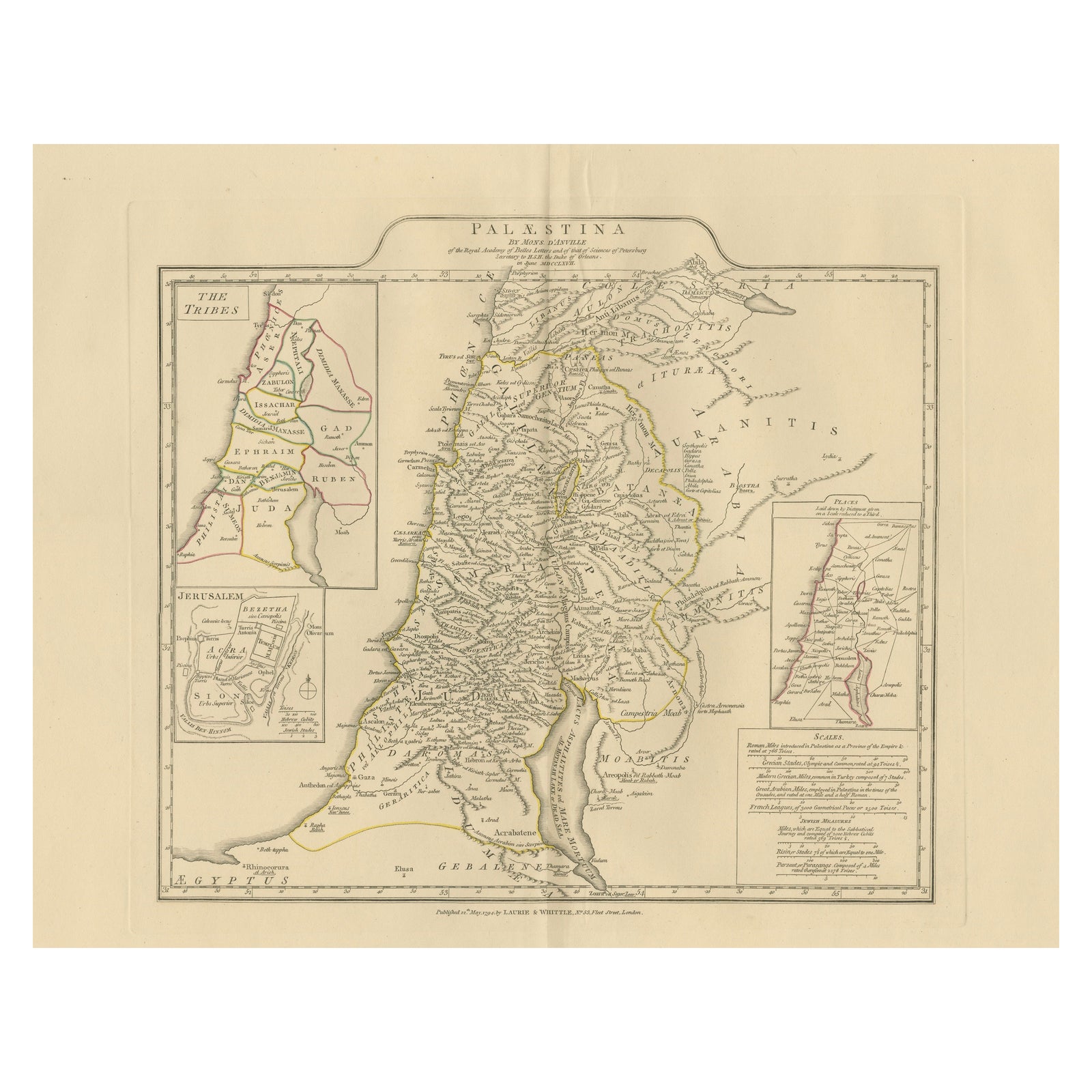 Antique Map of Biblical Palestine, Holy Land & Jerusalem Insets, c.1818