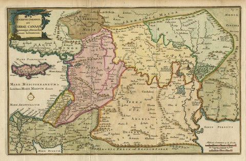 Antique Map of the Holy Land and Paradise, Terrae Canaan Map, c.1720, close-up 1
