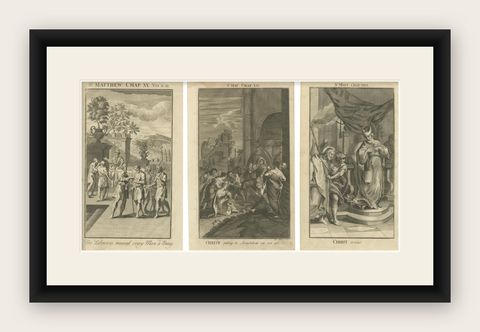 Three Biblical Engravings, Christ’s Entry, Trial & Parable of Labourers, c.1735, shown framed