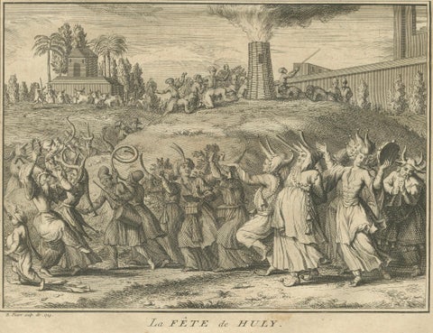 Procession of Ganga and Festival of Huly, Antique 18th Century India Engraving, close-up 5